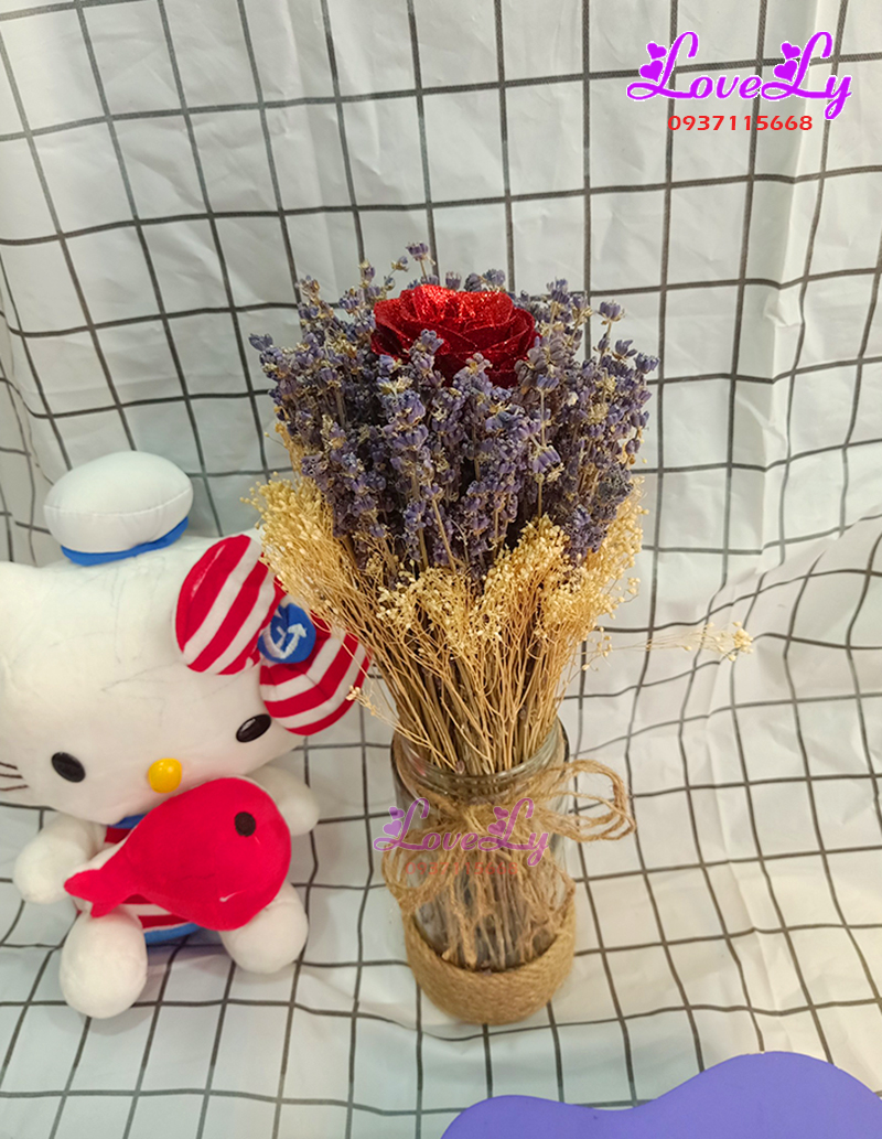 Lọ Hoa Lavender Khô Mix Hồng Sáp Sang Trọng (L01)