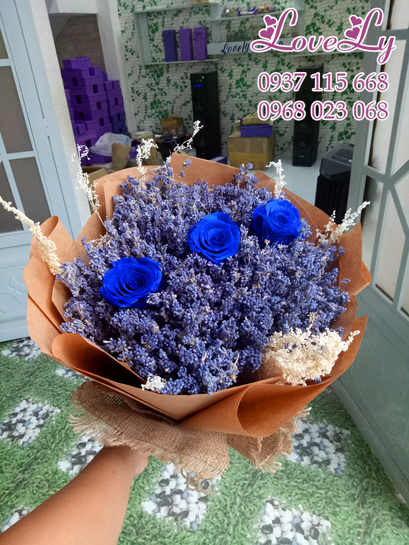 Bó Hoa Lavender Khô Bó Tròn Mix 3 Hồng Sáp Xanh Coban( B11)
